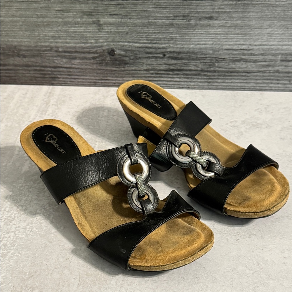 I Love Comfort Comfy Black Wedge Sandals with Silver Accents Sz 8.5